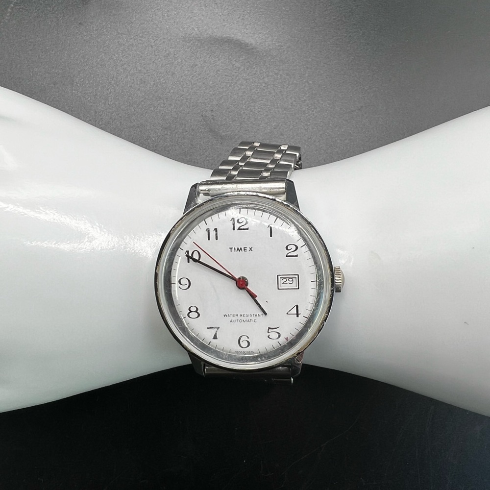 Vintage Timex Watch Self-Winding Silver Tone Case Stretch Bracelet